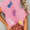 New Dear-Lover Sequin Bunny Doll Graphic Ribbed High Neck Short Sleeve Sweater Pink