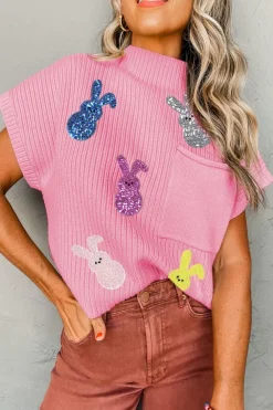 New Dear-Lover Sequin Bunny Doll Graphic Ribbed High Neck Short Sleeve Sweater Pink