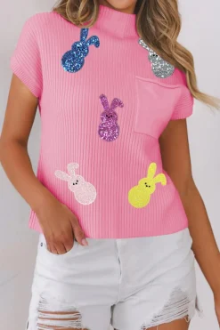 New Dear-Lover Sequin Bunny Doll Graphic Ribbed High Neck Short Sleeve Sweater Pink
