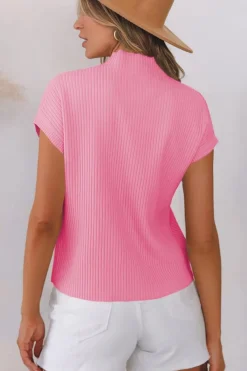 New Dear-Lover Sequin Bunny Doll Graphic Ribbed High Neck Short Sleeve Sweater Pink