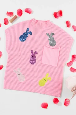 New Dear-Lover Sequin Bunny Doll Graphic Ribbed High Neck Short Sleeve Sweater Pink