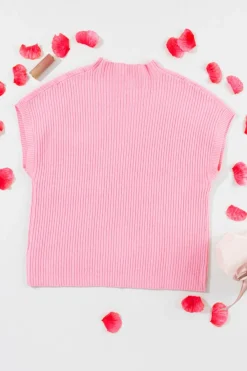 New Dear-Lover Sequin Bunny Doll Graphic Ribbed High Neck Short Sleeve Sweater Pink