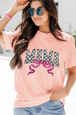 Hot Dear-Lover Sequin Checkered MAMA Bow Graphic T Shirt Pink