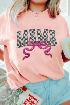 Hot Dear-Lover Sequin Checkered MAMA Bow Graphic T Shirt Pink