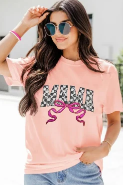 Hot Dear-Lover Sequin Checkered MAMA Bow Graphic T Shirt Pink