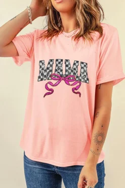 Hot Dear-Lover Sequin Checkered MAMA Bow Graphic T Shirt Pink
