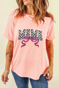 Hot Dear-Lover Sequin Checkered MAMA Bow Graphic T Shirt Pink