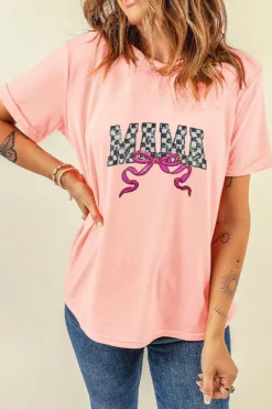 Hot Dear-Lover Sequin Checkered MAMA Bow Graphic T Shirt Pink