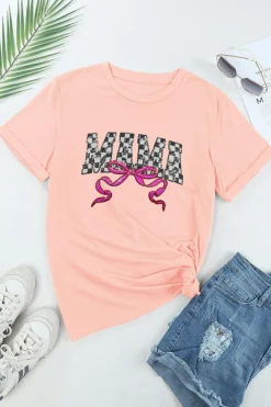 Hot Dear-Lover Sequin Checkered MAMA Bow Graphic T Shirt Pink