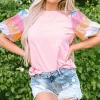 Hot Dear-Lover Sequin Colorblock Striped Puff Sleeve Top Pink