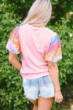 Hot Dear-Lover Sequin Colorblock Striped Puff Sleeve Top Pink