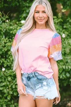 Hot Dear-Lover Sequin Colorblock Striped Puff Sleeve Top Pink