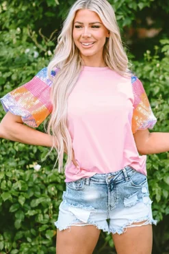 Hot Dear-Lover Sequin Colorblock Striped Puff Sleeve Top Pink