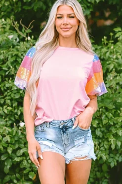 Hot Dear-Lover Sequin Colorblock Striped Puff Sleeve Top Pink