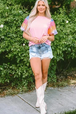 Hot Dear-Lover Sequin Colorblock Striped Puff Sleeve Top Pink