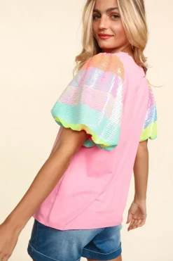 Hot Dear-Lover Sequin Colorblock Striped Puff Sleeve Top Pink