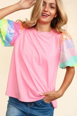 Hot Dear-Lover Sequin Colorblock Striped Puff Sleeve Top Pink