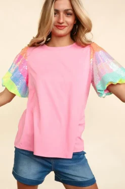 Hot Dear-Lover Sequin Colorblock Striped Puff Sleeve Top Pink