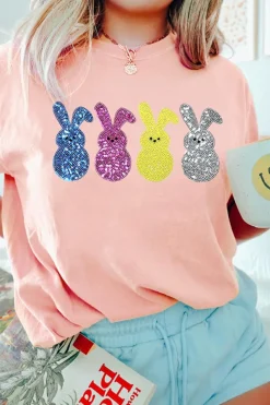 Clearance Dear-Lover Sequin Cute Bunny Graphic Easter Fashion Tee Pink