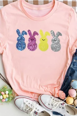 Clearance Dear-Lover Sequin Cute Bunny Graphic Easter Fashion Tee Pink