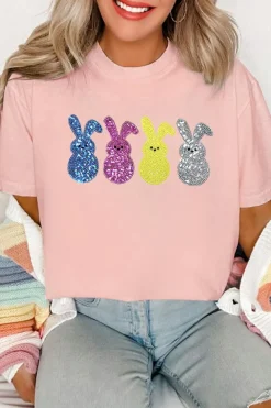 Clearance Dear-Lover Sequin Cute Bunny Graphic Easter Fashion Tee Pink