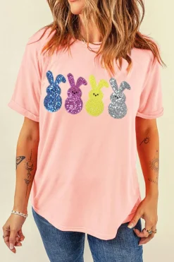 Clearance Dear-Lover Sequin Cute Bunny Graphic Easter Fashion Tee Pink