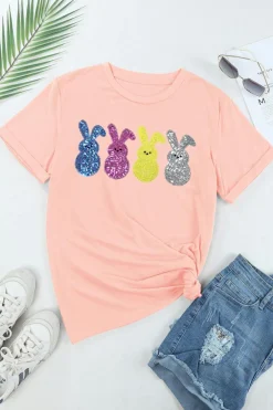 Clearance Dear-Lover Sequin Cute Bunny Graphic Easter Fashion Tee Pink