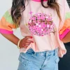 Sale Dear-Lover Sequin Disco Ball Color Block Sleeve Graphic Tee Pink