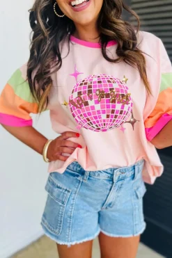 Sale Dear-Lover Sequin Disco Ball Color Block Sleeve Graphic Tee Pink
