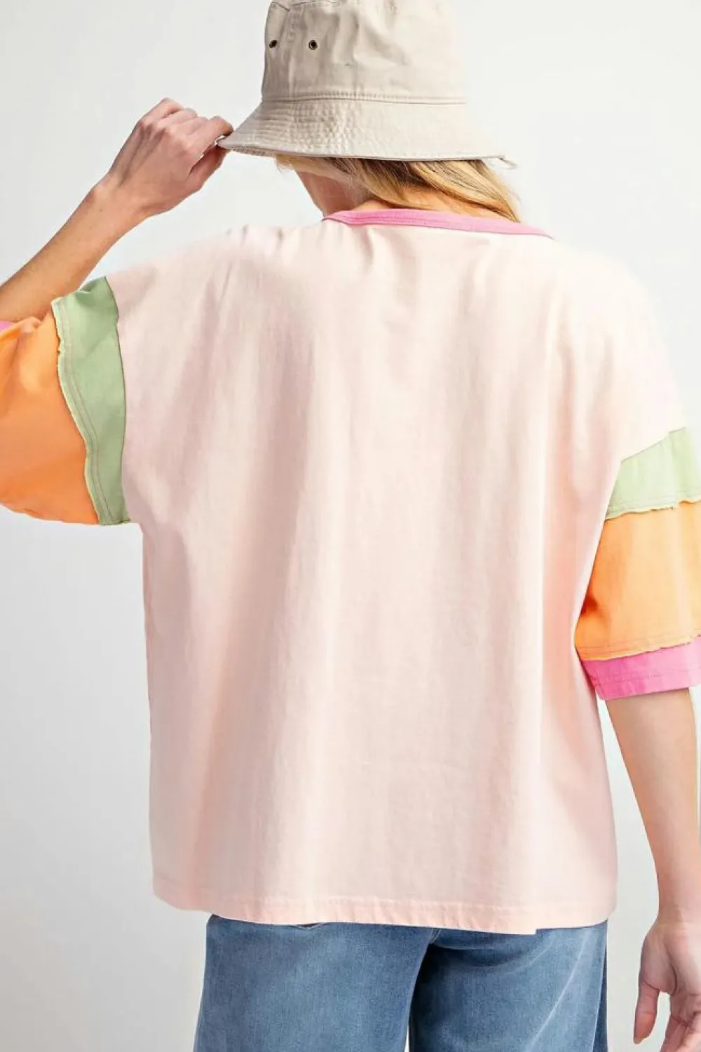 Sale Dear-Lover Sequin Disco Ball Color Block Sleeve Graphic Tee Pink