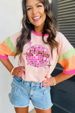 Sale Dear-Lover Sequin Disco Ball Color Block Sleeve Graphic Tee Pink