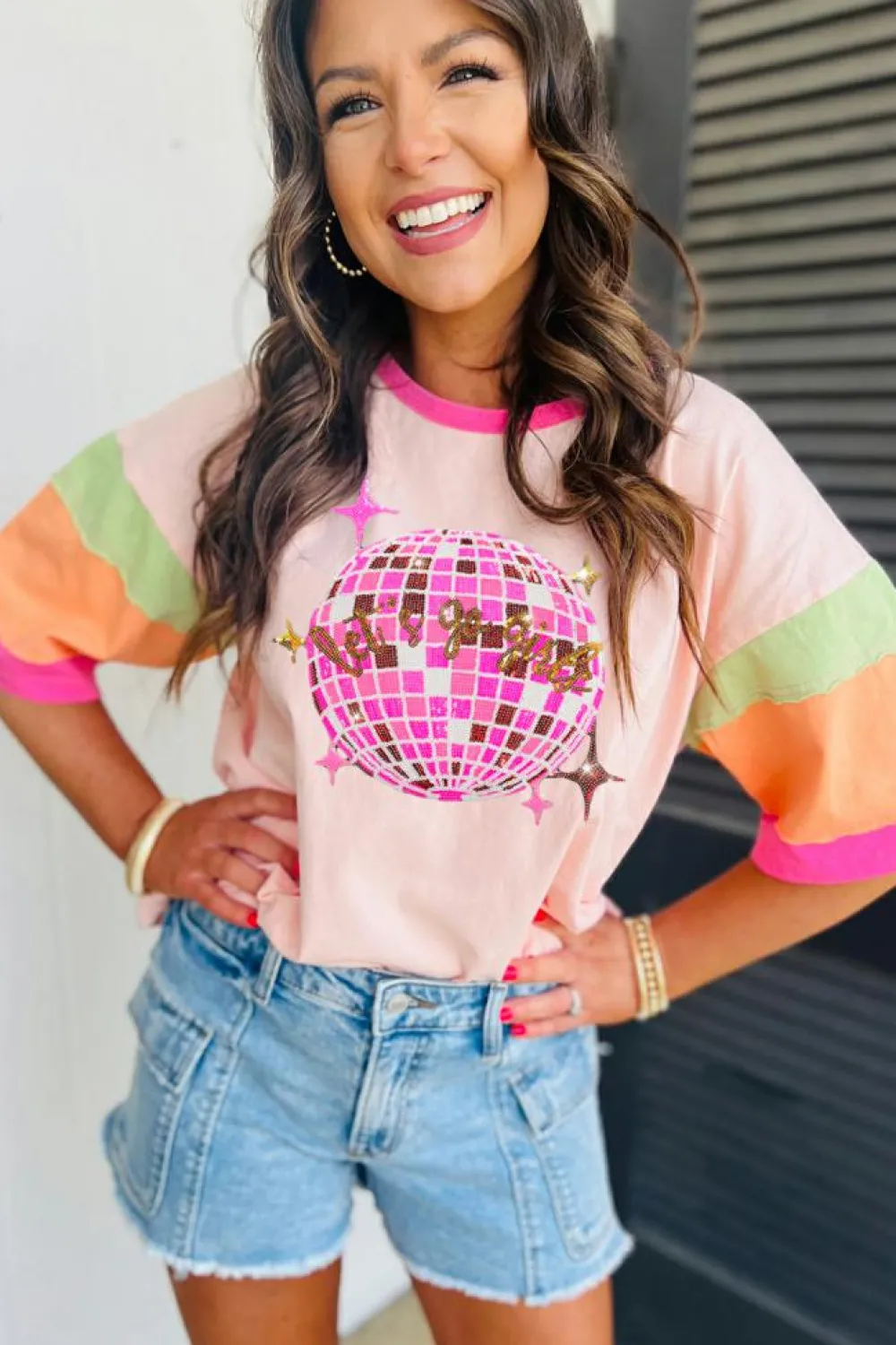Sale Dear-Lover Sequin Disco Ball Color Block Sleeve Graphic Tee Pink