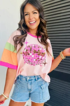 Sale Dear-Lover Sequin Disco Ball Color Block Sleeve Graphic Tee Pink