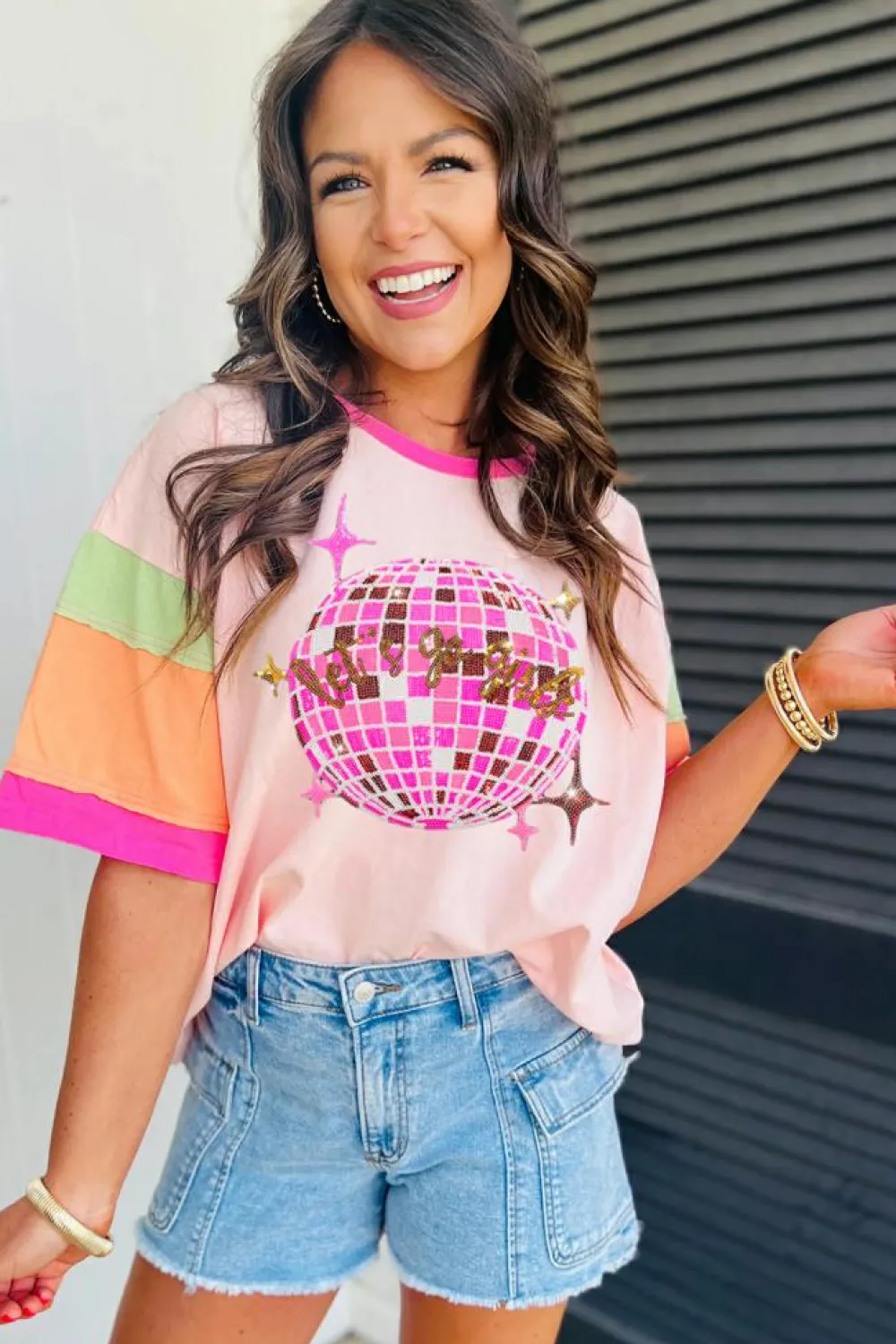 Sale Dear-Lover Sequin Disco Ball Color Block Sleeve Graphic Tee Pink
