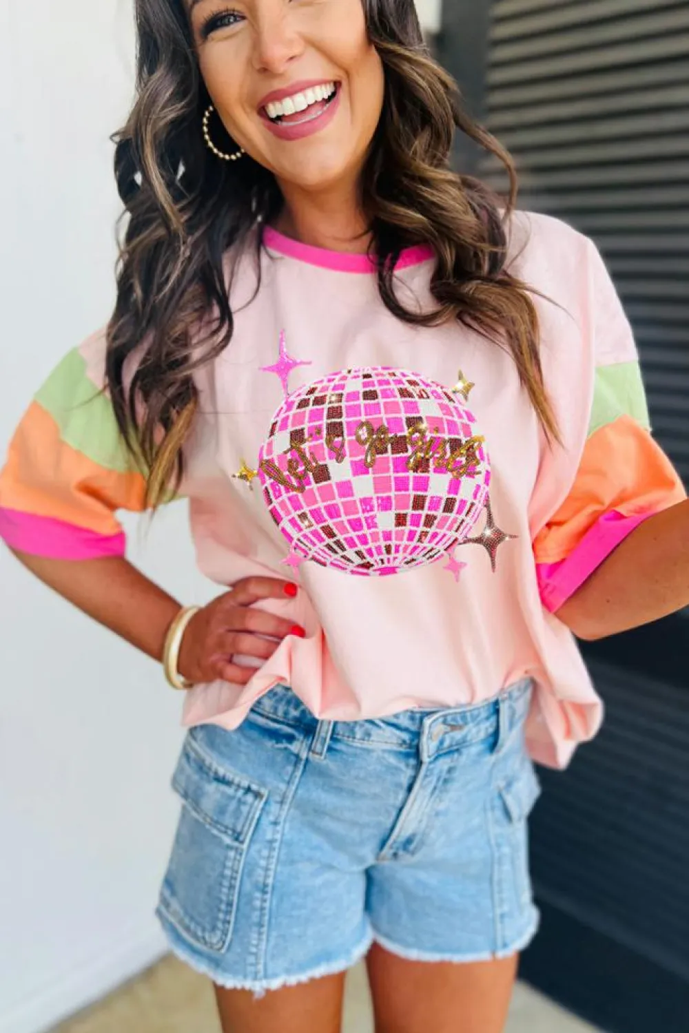 Sale Dear-Lover Sequin Disco Ball Color Block Sleeve Graphic Tee Pink