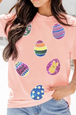 New Dear-Lover Sequin Easter Eggs Graphic Crewneck T Shirt Pink