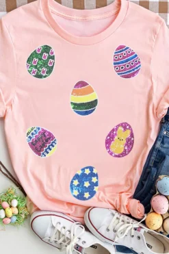 New Dear-Lover Sequin Easter Eggs Graphic Crewneck T Shirt Pink