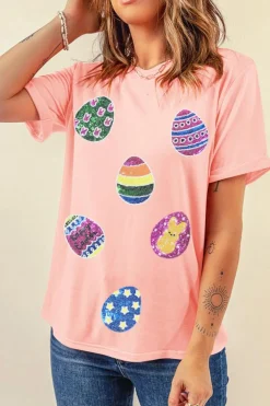 New Dear-Lover Sequin Easter Eggs Graphic Crewneck T Shirt Pink