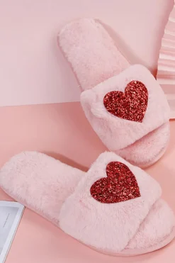 Clearance Dear-Lover Sequin Heart Shaped Slip On Plush Slippers Pink