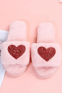 Clearance Dear-Lover Sequin Heart Shaped Slip On Plush Slippers Pink