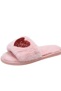 Clearance Dear-Lover Sequin Heart Shaped Slip On Plush Slippers Pink