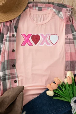 Discount Dear-Lover Sequin Heart XOXO Patched Graphic Valentines T Shirt Pink