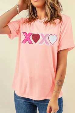 Discount Dear-Lover Sequin Heart XOXO Patched Graphic Valentines T Shirt Pink
