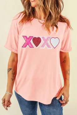 Discount Dear-Lover Sequin Heart XOXO Patched Graphic Valentines T Shirt Pink