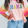 Outlet Dear-Lover Sequin MAMA Letter Graphic Color Block Patchwork Sleeve Tee Pink