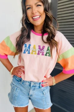 Outlet Dear-Lover Sequin MAMA Letter Graphic Color Block Patchwork Sleeve Tee Pink