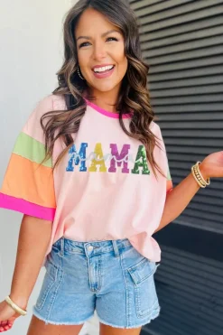 Outlet Dear-Lover Sequin MAMA Letter Graphic Color Block Patchwork Sleeve Tee Pink