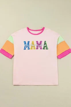 Outlet Dear-Lover Sequin MAMA Letter Graphic Color Block Patchwork Sleeve Tee Pink