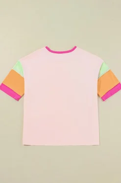 Outlet Dear-Lover Sequin MAMA Letter Graphic Color Block Patchwork Sleeve Tee Pink