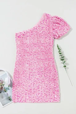 Sale Dear-Lover Sequin One Shoulder Puff Sleeve Bodycon Mini Dress Pink